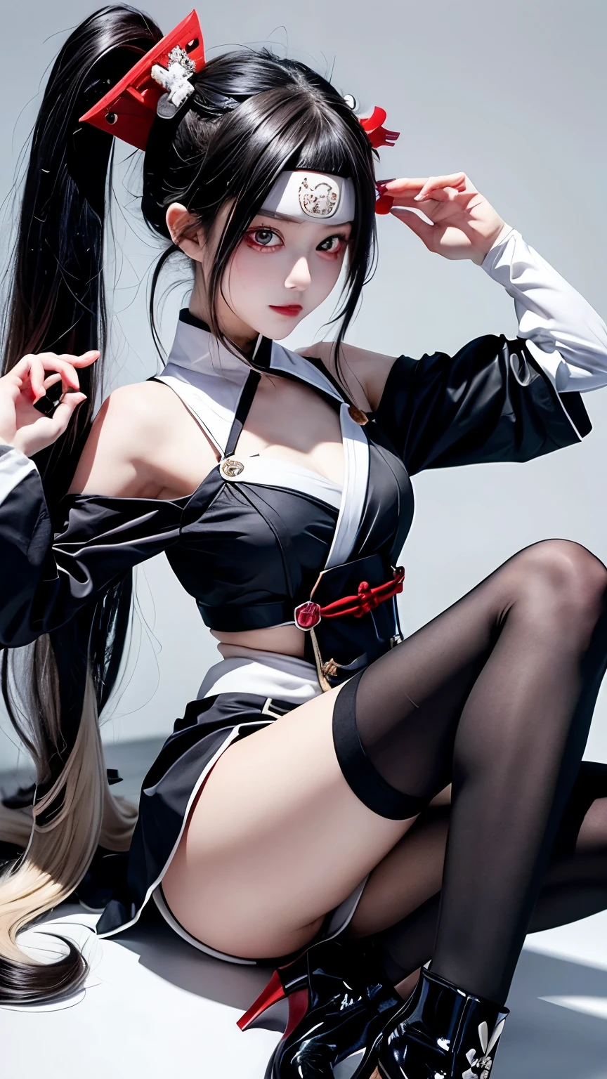 Generates a white girl with white eyes and hair on the left side and black eyes and hair on the right side in the style of Kimetsu no Yaiba., Her hair reaches her heels, with dark blue full-covered male demon slayer uniform, chest covered in bandages, two nichirin katanas on his back