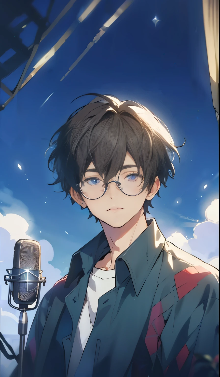 microphone, Male Characters, Handsome male character, shirt，Round frame glasses，starry night，Attractive male, masterpiece, Short brown hair, YuOC, PivY, Arknights, (Extremely detailed CG unity 8k wallpaper), (best quality), (Best Illustration), (Best shadow), Singer, Extremely high quality, (abyss), Beautiful and detailed lighting, Artworks by Peter Mohr Bacher,4k anime, Young man with a beautiful face, Attractive face and figure , Side face, Male characteristics