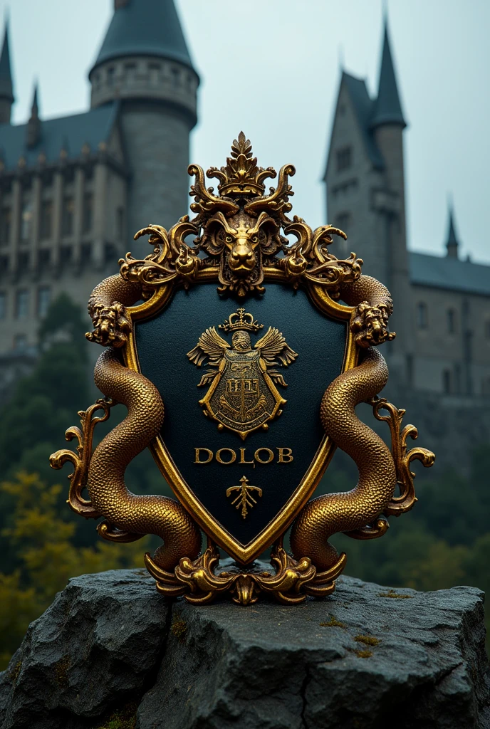 a sassy gold and black crest with a snake on it, No text, hq artwork, background hogwarts, black snake background, Royal insignia in the background, shield emblem, avatar image, hogwarts style, hidra, basilisk
