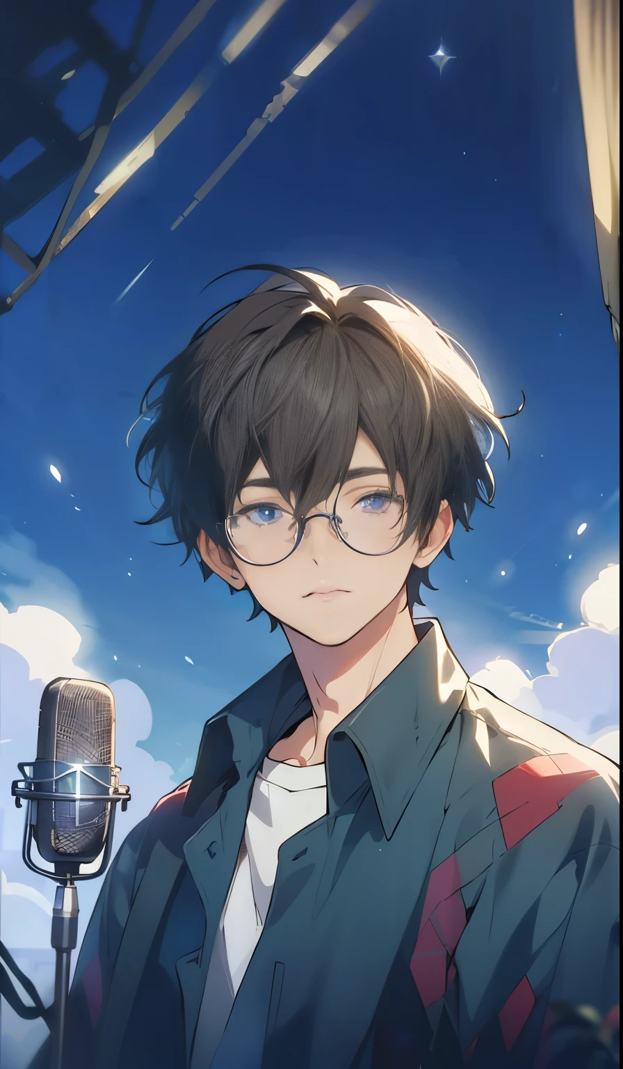 microphone, Male Characters, Handsome male character, shirt,Round frame glasses,starry night,Attractive male, masterpiece, Short brown hair, YuOC, PivY, Arknights, (Extremely detailed CG unity 8k wallpaper), (best quality), (Best Illustration), (Best shadow), Singer, Extremely high quality, (abyss), Beautiful and detailed lighting, Artworks by Peter Mohr Bacher,4k anime, Young man with a beautiful face, Attractive face and figure , Side face, Male characteristics