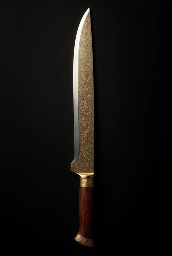 there is a very large knife with a gold handle on a black background, arabian sword, curved sword, sword design, engraved