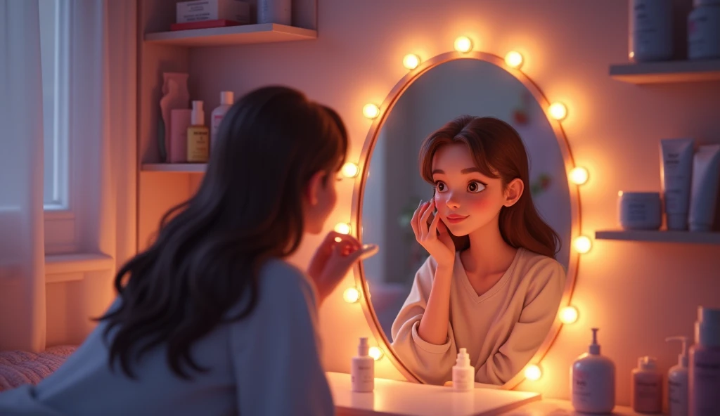 An 22 year old girl brown hair doingg skin care at night animated ,3d render wearing trouser and shirt 3d render ,animated