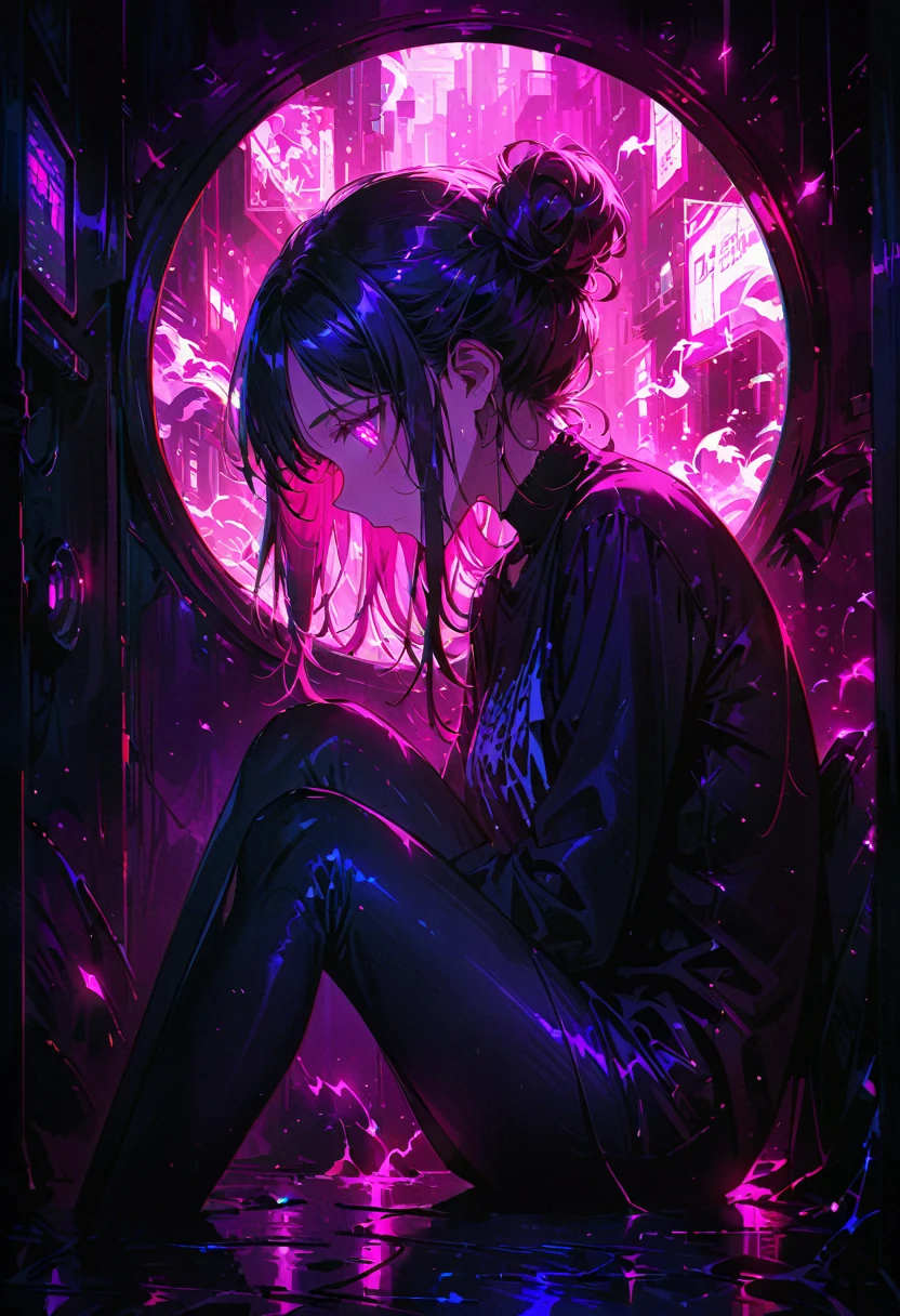 pixel style,artist by mucha,(from the front:1.5),epic-Ultra-HD-details,epic-Ultra-HD-highlights,resolution-enhanced-anime,(realist, photo-realist:1.37),precise and realist hair:1.1),beautiful detailed eyes,extremely detailed eyes and face,awarded,surprising details,Super detail,Best Quality,1080P,8k,masterpiece,detailed skin, shadow, texture, light, Black background, dark color palette, neon pink and black, dark atmosphere, Dim neon lights, smoke, circular composition, 1 girl, Gothic style girl, Black oversized t-shirt, hair with neon pink glow, long one-sided bangs, Long and unique ponytail in the back., Incredibly long hair flowing backwards, long flying hair, eyes with neon pink glow, Close your knees, Spread your feet, (Kneel down:2.0), Cover your eyes with your hands, hair with curtains, double bun, pierce hair, colored inner hair, side bangs, conceptual art, Surrealism, backlighting, ray tracing
