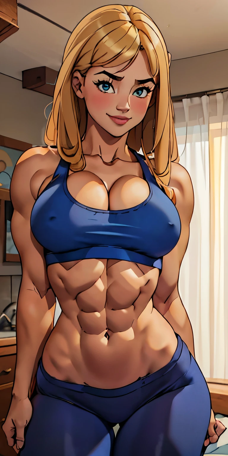 massive breasts, busty beautiful ((1cute and beautiful girl)), (( blonde hair with bangs, with blue highlights))extremely sexy body, ((huge muscles)), ((beautiful Red tank top, leggings)), shy smile, blush, (looking at viewer), in beautiful romantic house