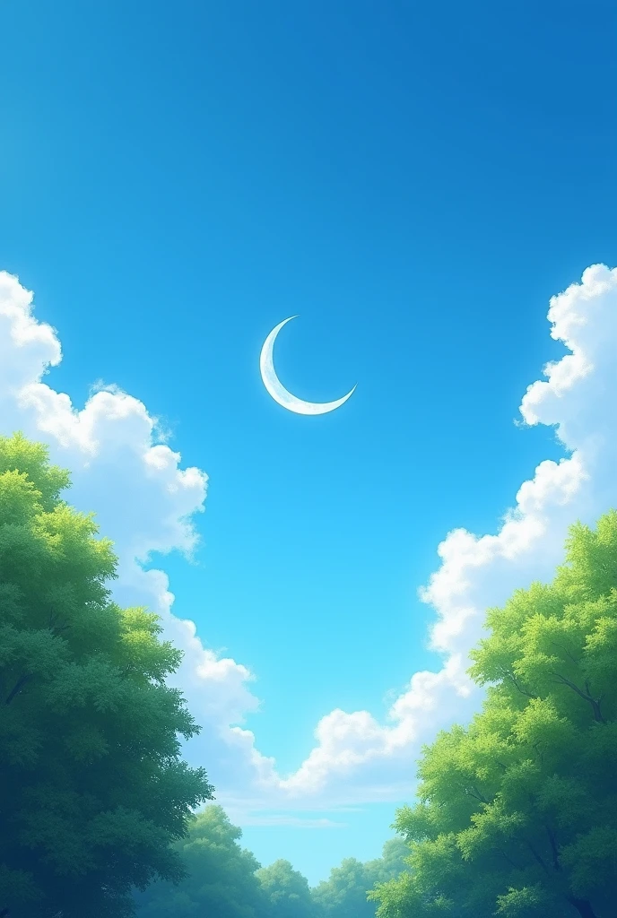 [Image: A daytime photograph of a crescent moon in a blue sky with tered white clouds. Treetops are visible in the bottom of the image.]

