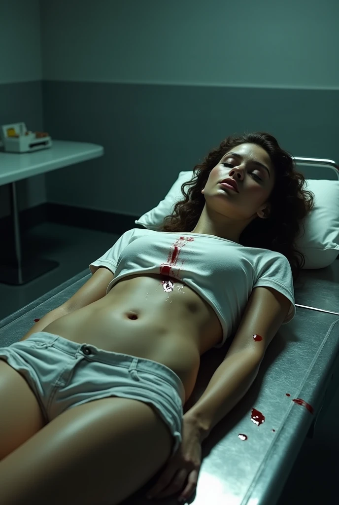 ((melhor qualidade)) ((hiper realista)) ((Hiper detalhado)) corpse of a Very pale hot and beautiful brunette girl, with beautiful body and leg, beautiful nose, beautiful mouth, longe curly hair, Very Very big boobs, dressing sexy t-shirt and shorts, dead in mortuary by gunshots, small wholes in your body by The gunshots, blood dripping of your body, closed eyes