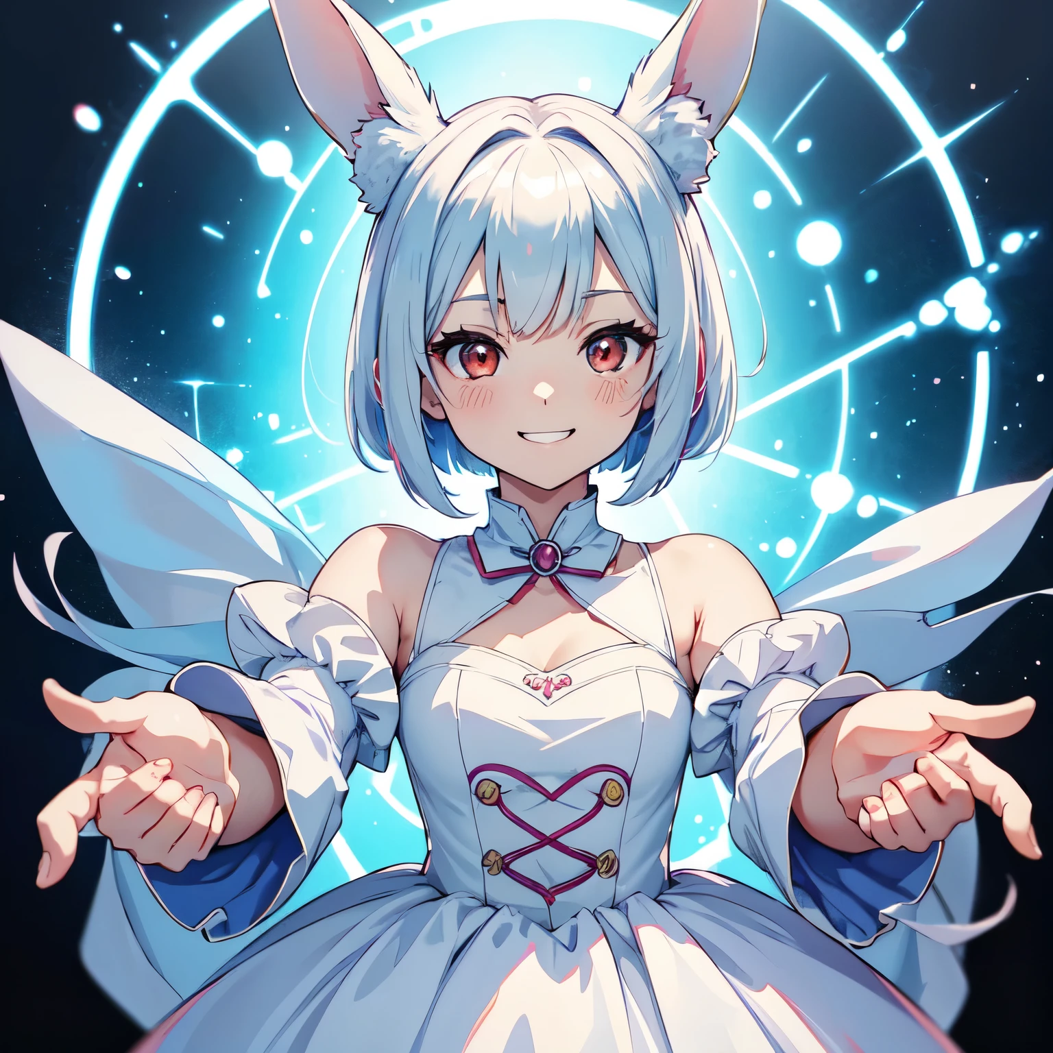 anime style, cute small white rabbit, ((fist pump and grin))), 1girl, (((chibi))), red eyes, tall ears, (bob hairstyle), large face, short stature, wearing a light blue dress, (best quality,4k,8k,highres,masterpiece:1.2), intricate details,highly detailed,exquisite,stunningly beautiful,vibrant colors,soft lighting,fantasy,magical realism,((white background)) (simple background),