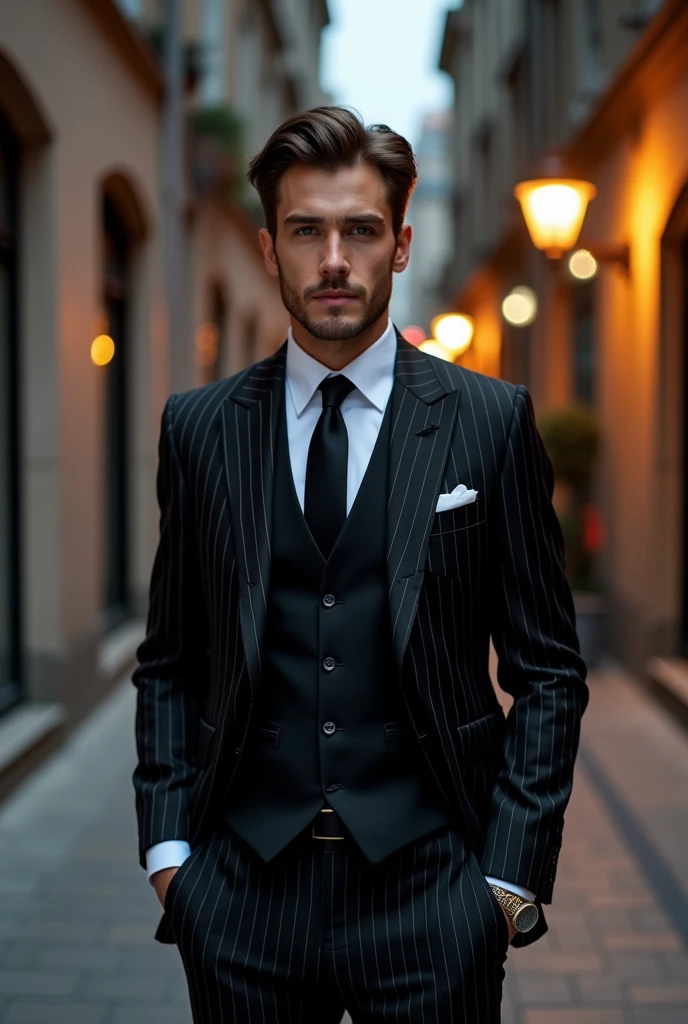 Black pinstripe suit。Under the jacket、A black vest peeks out as well.。The shirt is pure white,、the tie is also black,、gives the overall look a chic and sophisticated impression.。The subtle contrast of colors、creating a beautiful harmony.。