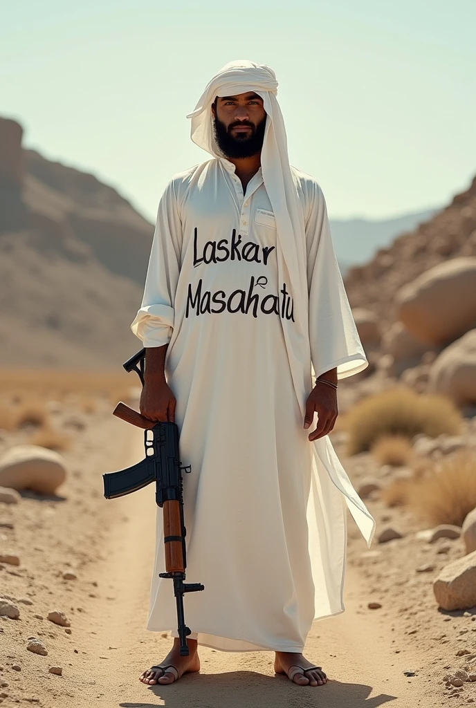 A mujahid wearing white clothes is holding an AK-47 rifle and there is a writing on his clothes that says 'Laskar Masahatu' 