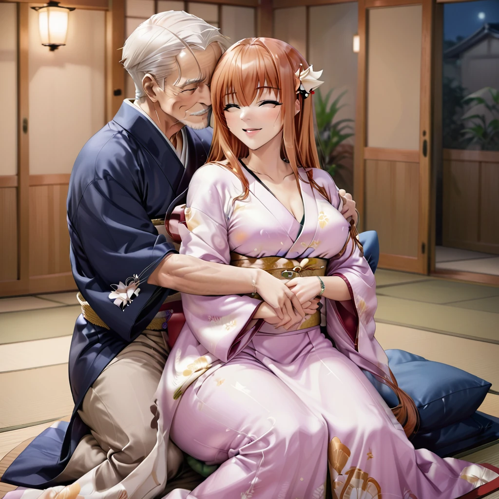((The woman is leaning against an old man, holding a baby.))、((Highest quality)), ((masterpiece)), (detailed), (Perfect Face)、The woman is Maya Cordelia, with medium-long orange hair, a gorgeous and glittering kimono, her hair tied in a Japanese style, and an engagement ring.、The woman is happily nestled against her elderly husband in their traditional Japanese-style bedroom at night, cuddling their baby.、The old man is wearing an engagement ring
