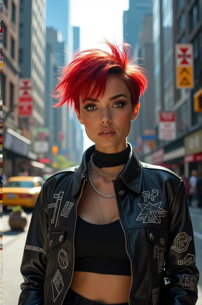beautiful girl, bust, Bright red messy short hair, black eye shadow, (street style wear:1.2), (city background:1.2), dark makeup, The art of math, Popular topics on Artstation, highly detailed, fine details, complex, beautiful detailed glow, detailed, Light, high resolution, detailed facial features,sharp focus, Light slippery, aesthetic,