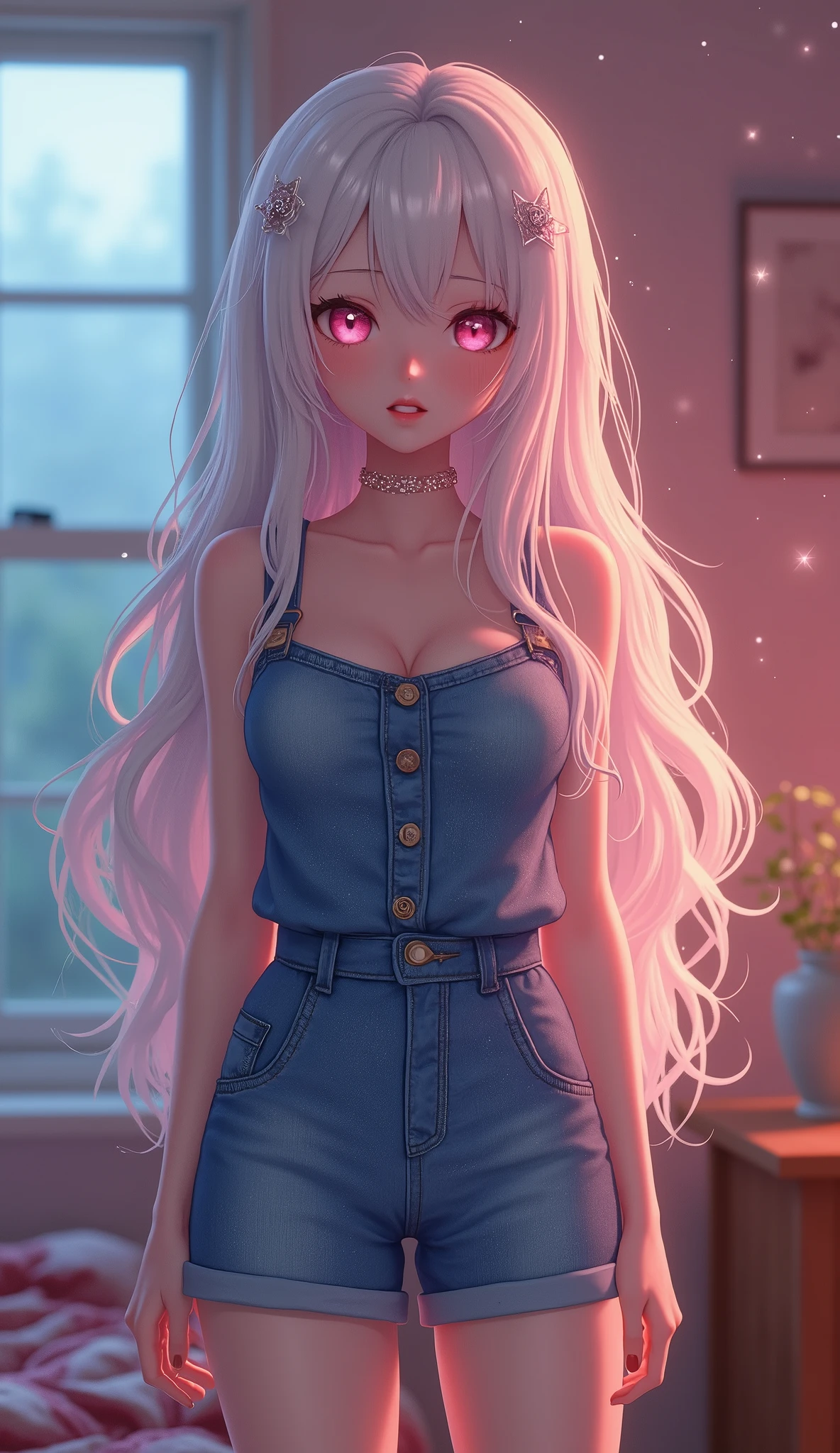photorealistic,Realistic illustration in Modelshoot style,((masterpiece)),((The best quality)),((Ultra Quality)),((ultra detailed)),((1girl long white hair)),((Only)),((waifu:1.5)),Perfect anatomy,perfect hands,beautiful cuerpo,beautiful_method,ulzzang-6500-v1,e-chica,((Exceptionally Beauty Waifu Princess)), blonde wavy hair, gradient hair, pink highlights in hair, big breasts, standing, makeup, glossy lips, full lips, (natural lighting), in room, night, cute denim short jumpsuit, shy smile, belly, collarbone, in love, cute gesture,((bright-pink_eyes)),long wavy hair, ((white hair)),hair clips,eyeliner,cute makeup,lipstick,Glossy lipstick,with a look of terror, worry and sadness,((eyes detallados perfectos)),rainy with fog outside,evening,pink theme,bioluminiscencia,light particles,((Extremely CG Unity 8K Wallpaper)),((cinematic lighting,Best quality lights)),intricate details,Suave,sharp focus,Extremely beautiful and aesthetic,Octane rendering,Full length portrait,damp skin,((Perfect detailed body)),