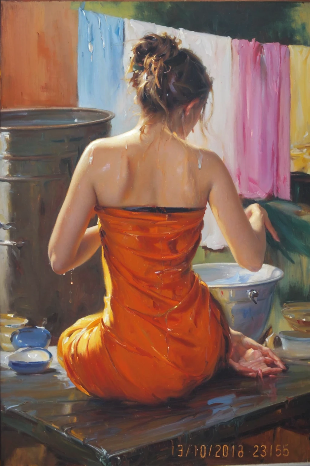 painting of a woman in an orange dress sitting on a table, taking bath, water drops on her body oil paining, realistic oil painting, sensual painting, oil on canvas painting, oil panting, oil paiting, professional oil painting, oil panting on canvas, oil painting, detailed realism in painting, beautiful realistic painting, oil art, realistic oil paint, fine art oil painting, covered in oil painting