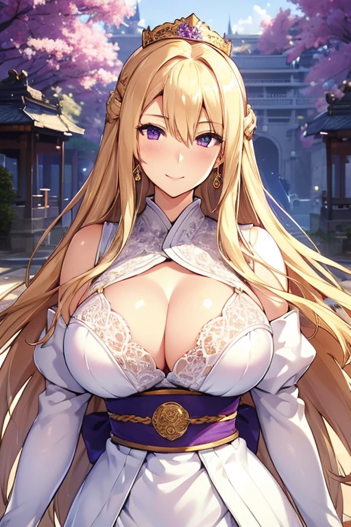 One Woman, 30 years old, solo, Long Hair, Blonde, Hair blowing in the wind, ((Large Breasts)), Cleavage, Crescent-shaped earrings, Purple eyes, A seductive smile, Character portrait, View from the outside, Crown, White armor, Ornate Decorative Armor, Staring at the audience, Ultra-detailed, fantasy castle, Japanese illustration style, 