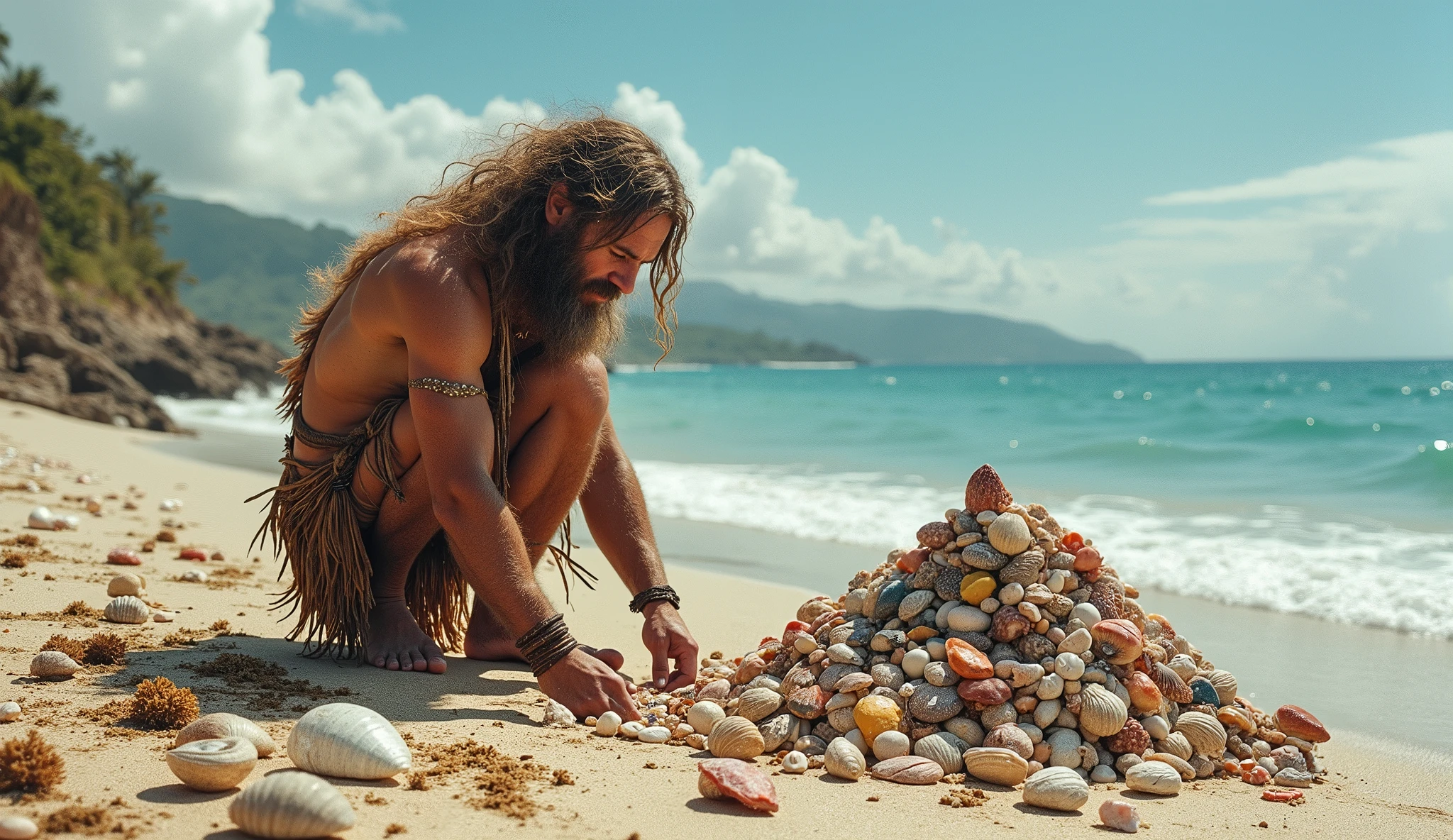 Holocene period, primitive man, wearing clothes made of bird feathers and leather from rustic animals, Shaggy hair, body with lots of hair, little body coverage on a remote beach with lots of oysters, Seashells, fish bones and on the ground , catando Seashells na areia, dead fish on the sand, pilhas de Seashells perto