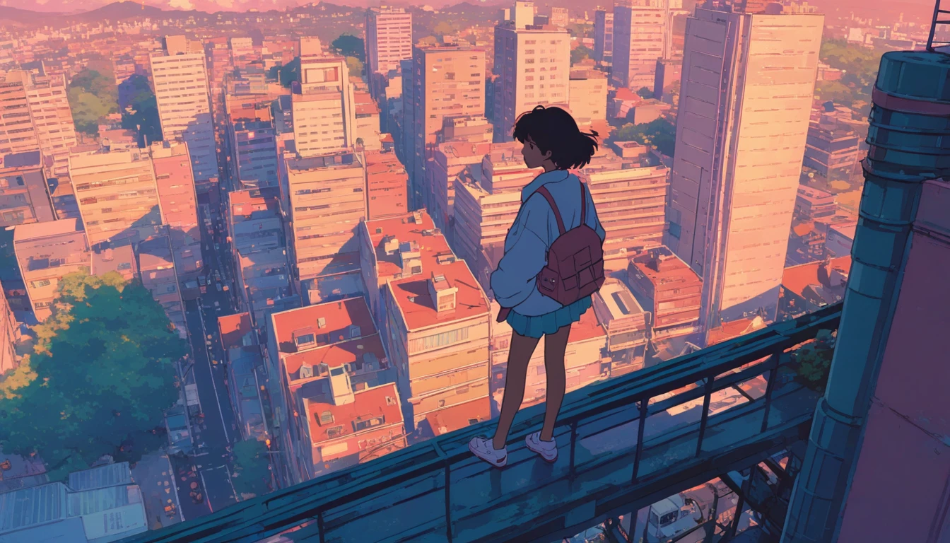 alone, lofi artstyle, lofi art, city, town, 80s anime style, Retro, Lo-Fi, masterpiece, best quality, (extremely detailed CG unity 8k wallpaper), (best quality), (best illustration), (best shadow), absurdres, realistic lighting, (Abyss), beautiful detailed glow, a woman standing on top of a tall building with a bag, walking on top of a tiny city, conrad roset and makoto shinkai, makoto shinkai cyril rolando, anime aesthetic, a beautiful artwork illustration, walking over a tiny city, anime style cityscape, anime asthetic, above city, ilya kuvshinov landscape, urban girl fanart