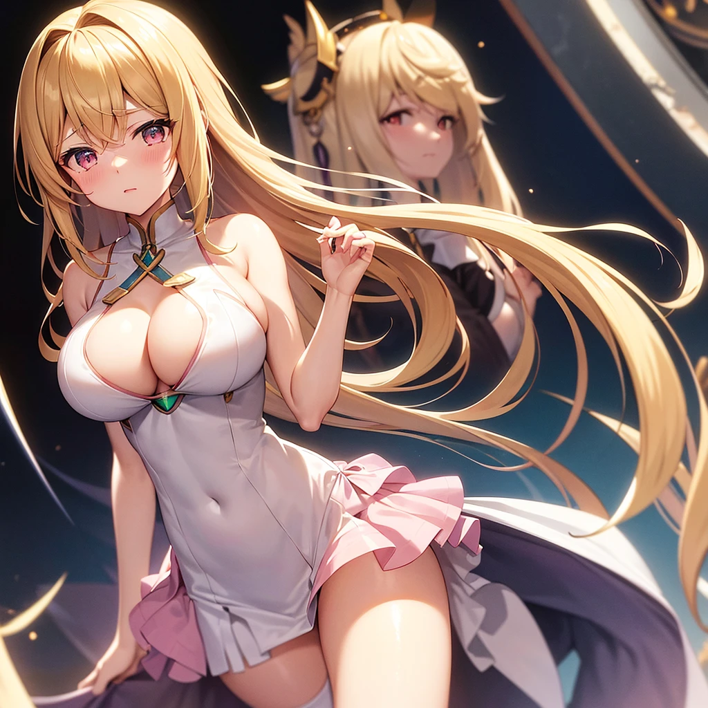 best quality, master piece, 1 woman, 20 years old, むちむちの足, round breasts, Mythra, ヒカリ、Xenoblade2, ゼノブレイド2, long hair, blondie hair, gold eyes, cleavage cut out, white dress, blush, crying, pink nipples, exhausted, very short skirt,