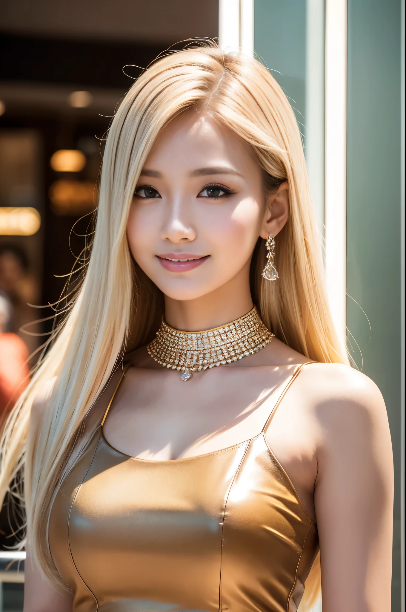 (masterpiece:1.4), (best quality:1.4), ultra high res, ultra high resolution, ((detailed facial features)), HDR, (realistic, photorealistic, photo-realistic:1.37), closeup, sexy seductive Thai woman, (seductive smile), long lashes, beautiful makeup, platinum blonde hair, fair skin, slender figure, elegant posture, wearing large sparkling colorful jewelery, wearing a business style leather dress, standing in a large shopping mall, gentle sunlight shining through the shopping mall windows, casting a soft glow on her face, adding warmth to the scene, vibrant colors, capturing the essence of vibrant city life, portrait style, showcasing her natural beauty and grace in a feminine way
