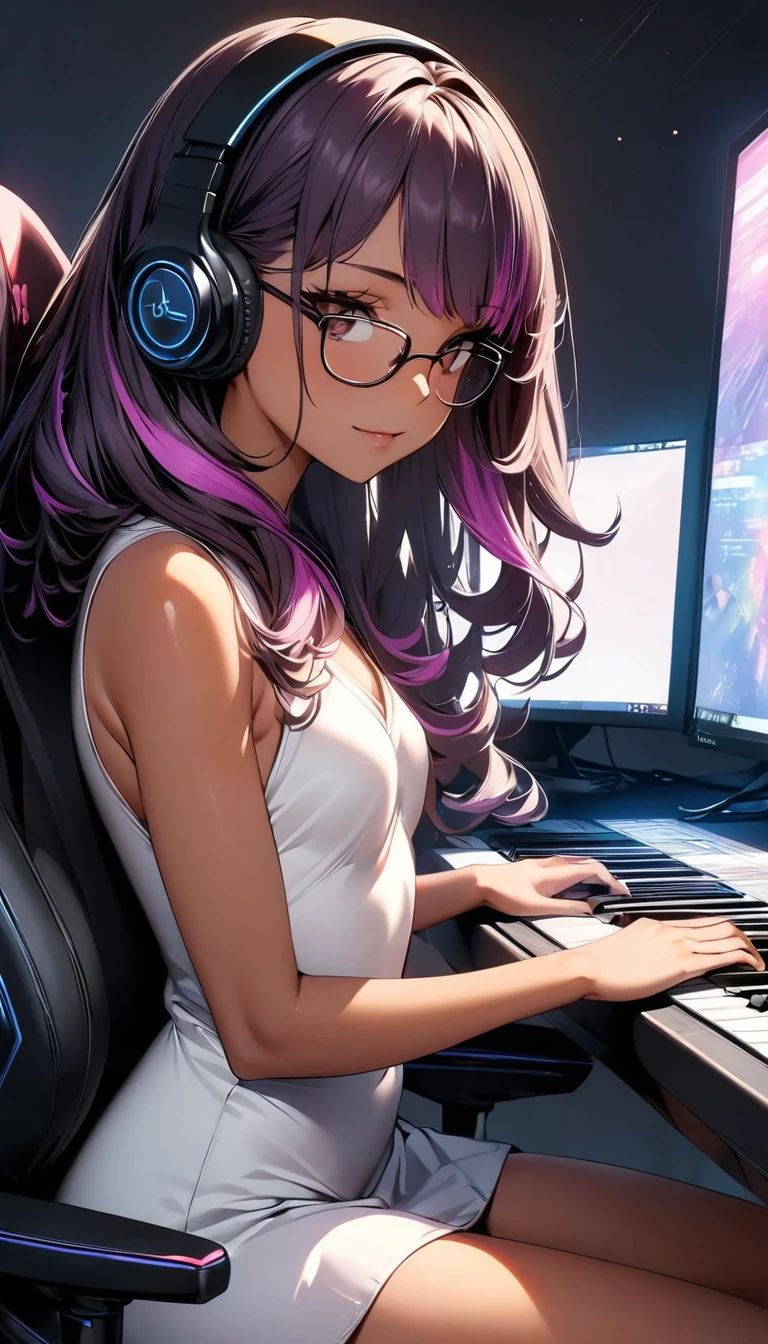 (highest quality:1.2, Very detailed, up to date, Vibrant, Ultra-high resolution, High Contrast, masterpiece:1.2, highest quality, Best aesthetics), Portraiture、girl, 25-years-old, Bright colors、Beautiful fine details、Beautiful lip detail, long hair、black and purple ((streaked hair:1.6)), highlights hair: 1.5, brown eyes, ((slim body:1.4)), (small breast:0.7), (dark skin:0.5), mini dress, ((wear headphone:1)), music composer, playing  music keyboard on the desk, sitting gaming chair, glasses, side shot, (cowboy shot:1.1), (PC Displays on the side), upper body
