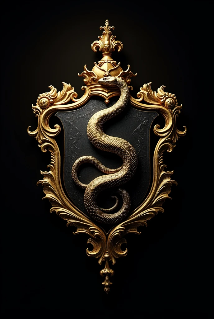 a sassy gold and black crest with a snake on it, No text, black snake background, Royal insignia in the background, shield emblem, avatar image, hogwarts style, hidra, basilisk