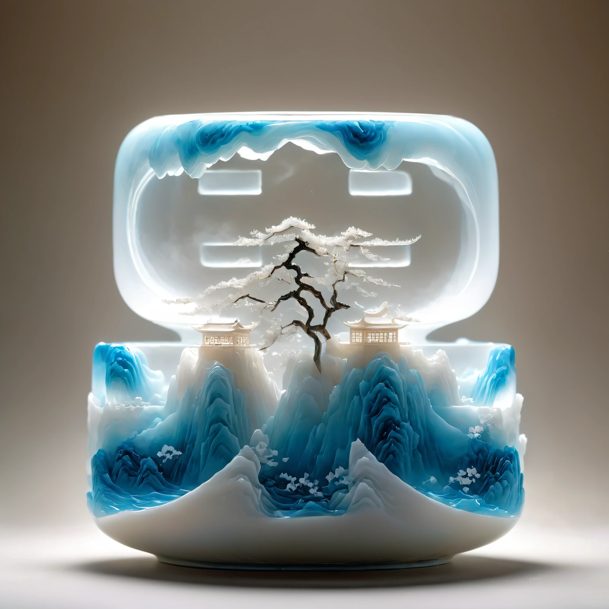 Micro landscape pattern carved on blue and white porcelain vase，Translucent glass material,Blue-white gradient,Traditional Chinese landscape painting,Abstract shapes,Minimalism,cave，3d。water vapor，White mist，Thick fog，
