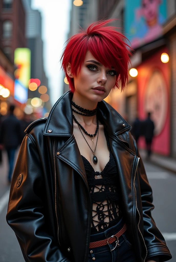 beautiful girl, bust, Bright red messy short hair, black eye shadow, (street style wear:1.2), (city background:1.2), dark makeup, The art of math, Popular topics on Artstation, highly detailed, fine details, complex, beautiful detailed glow, detailed, Light, high resolution, detailed facial features,sharp focus, Light slippery, aesthetic,