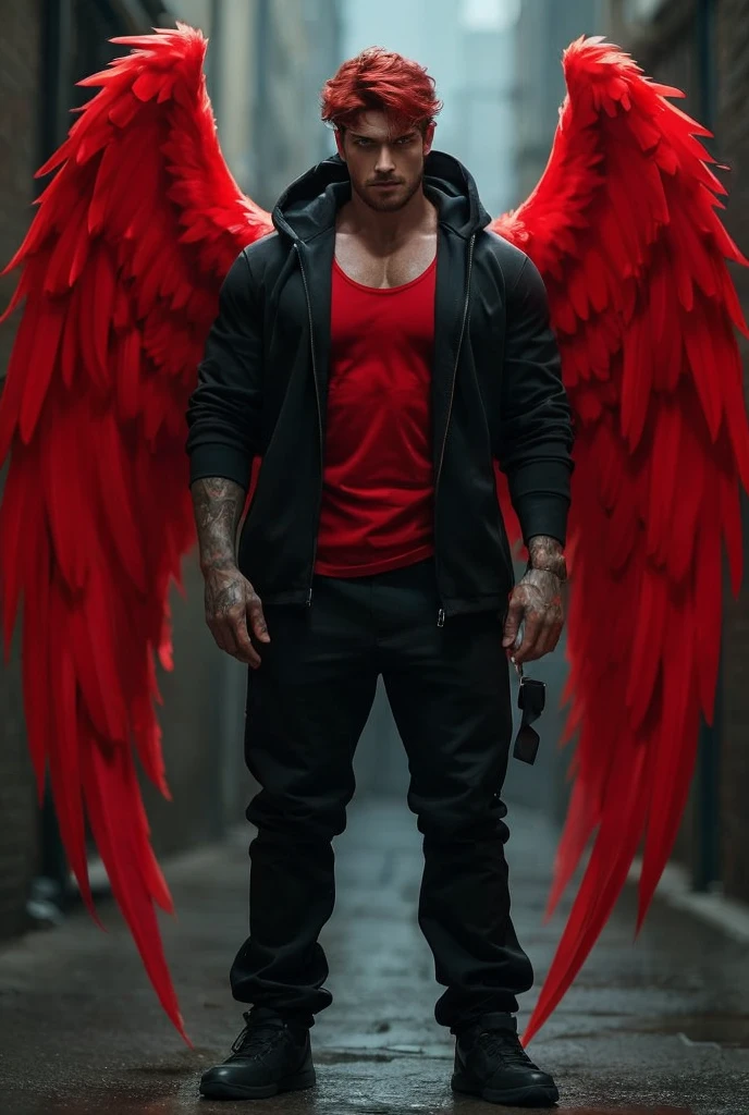muscular man with red hair, wearing a black hood with red undershirt, gang pants, big red angel wings on his back with a sexy look on his face