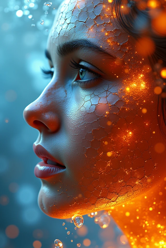 Close-up of a person's face on a cracked surface, inspired by Alberto Seveso, featured on zbrush central, red fire/blue ice duality!, robot image, fractal human silhouette, 3d rendering in tan, blue and orange, subject made of cracked ice, woman, made of icy glass