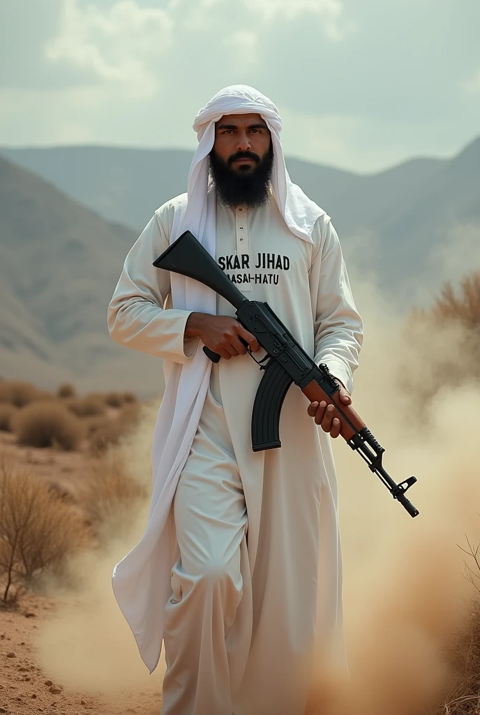 A mujahid in white clothes holding an AK-47 rifle with the words 'Laskar Jihad Masahatu' written on his clothes.