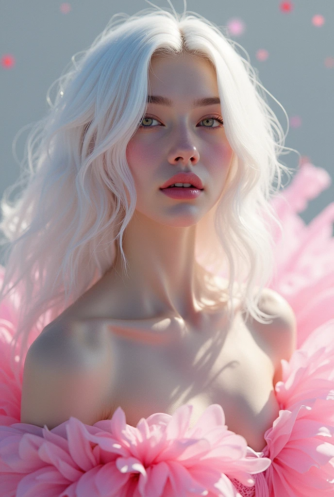 painting of a woman with white hair and a pink dress with a flare effect, (finely detailed skin), pale skin, beautiful epic composition, futuristic, masterpiece, sensual, appealing, posing for a photo, soft light 4k, james jean and wlop, weta studio and james jean, james jean soft light 4k, james jean soft light 4 k, karol bak and peter mohrbacher, beeple and james jean, by Roberto Ferri, james jean and peter mohrbacher, james jean andrei riabovitchev