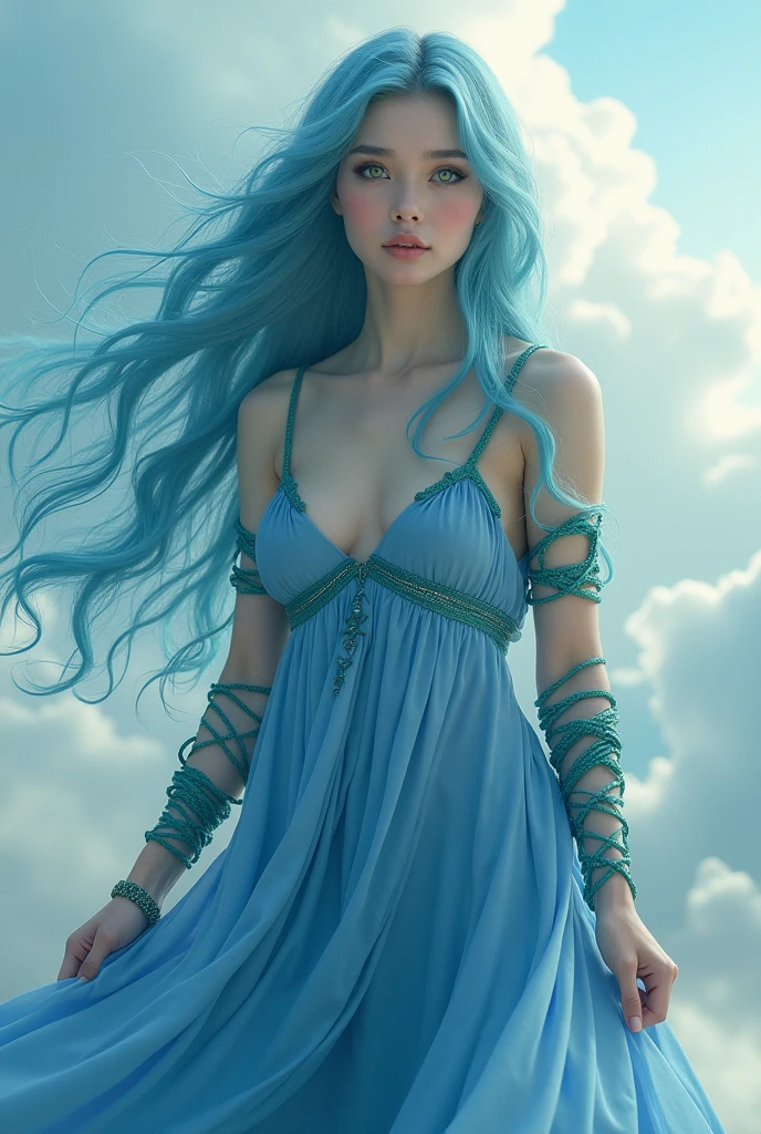 cloud goddess with a green and blue string wrapped around her arm and blue long hair, she is white, has make-up on her face, blue dress and have a green eyes and standing, blue and green ropes around her arms, DARK BLUE ROPES AND GREEN ROPES AROUND HER ARMS