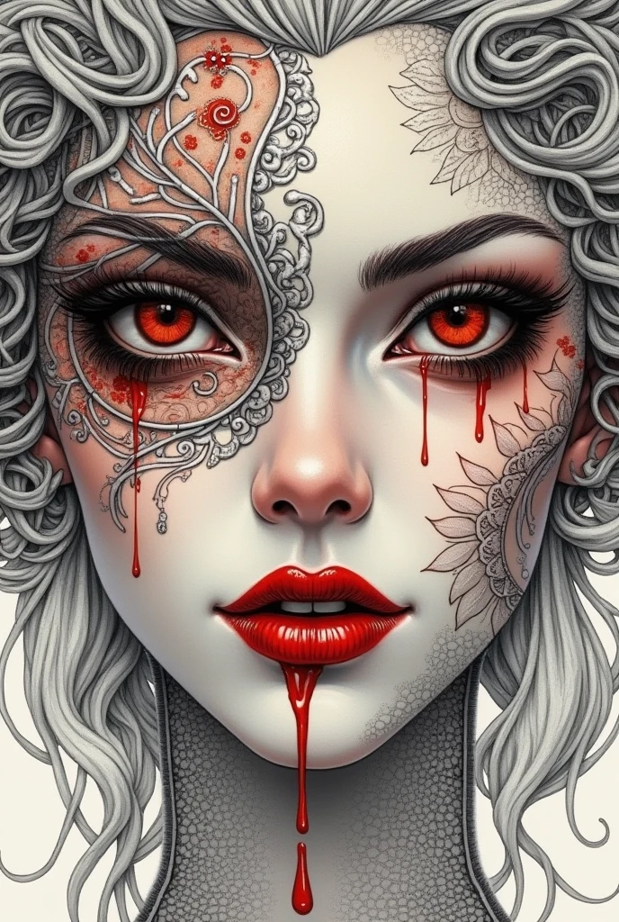 Zentangle portrait, vampires of the Midland, slight smiles, highly intricate, delicate detailed complex, in grey and peachMelting Blood Liquid Rust Negative Space Fibonacci Japanese Ivory Stain Teen Face Silver Mechanism Elegant Filigree