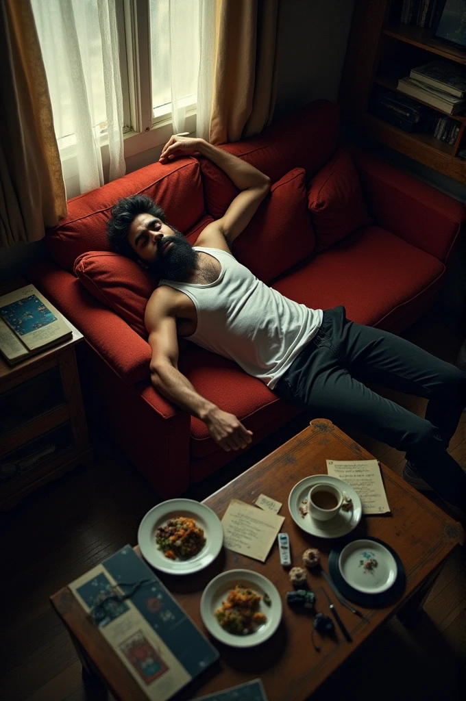 A young Indian man with beard lies sprawled on a worn-out red sofa in a dimly lit room. His right arm is stretched over a cluttered coffee table filled with remnants of a late-night session—books, vinyl records, empty plates, and scattered notes. The scene is chaotic yet intimate, capturing a moment of exhaustion and introspection. The dim light filters through the room, casting soft shadows that blend with the mess, creating a feeling of solitude. The man, dressed in a simple white tank top and dark pants, appears lost in a deep sleep or perhaps deep in thought, disconnected from the world around him. The overhead view gives a sense of distance, as if observing from above, adding to the overall mood of quiet contemplation." Written in background lazy boy