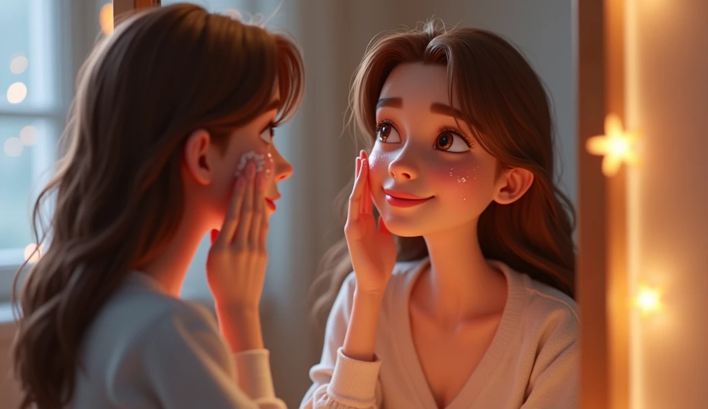 An 22 year old girl brown hair sitting after taking shower applying cream on face skin care at night animated ,3d render wearing trouser and shirt 3d render ,animated