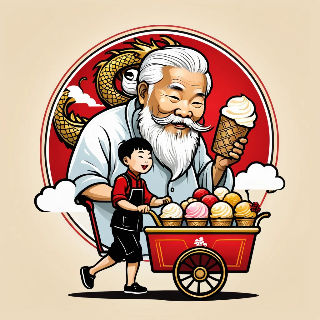 "Create a logo for a modern Chinese
ice cream . Old man pushing a cart selling ice cream "ร้านตาอู๊ด" logo Combine traditional Chinese elements like dragons, clouds, or flowers with minimalist modern design. Use a color palette of gold, red, and black. The logo should evoke feelings of luxury, tradition, and modernity."