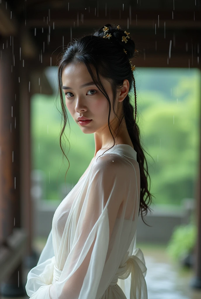 Wearing a wet, see-through white kimono、Realistic Japan woman in a temple, Beautiful Japanese Women, Beautiful Japanese Women, Japanese Goddess, Beautiful Japanese woman face、Tie your hair、How to put on a hairpin、Mature Woman、Sexy Japanese Women、Looking into the camera、Gazing into the Eyes、Look forward、Look forward、it's raining、Beautiful clavicle、I narrowed my eyes.、Thin eyebrows、30-year-old woman、Low Nose、Thin lips、Light green lumbar girdle