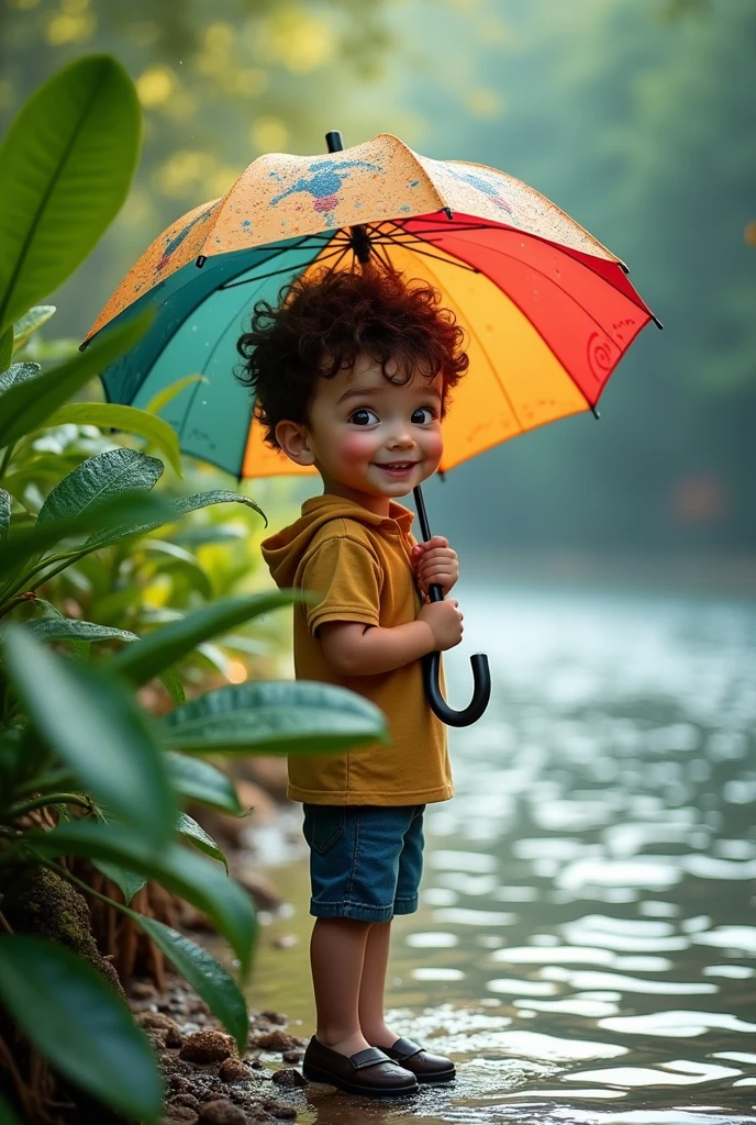 A cute boy is standing with an umbrella and there are many green plants around the edge of a river. It looks like it rained a while ago and there are many beautiful waves in the river and the boy is smiling and the surroundings are very beautiful.