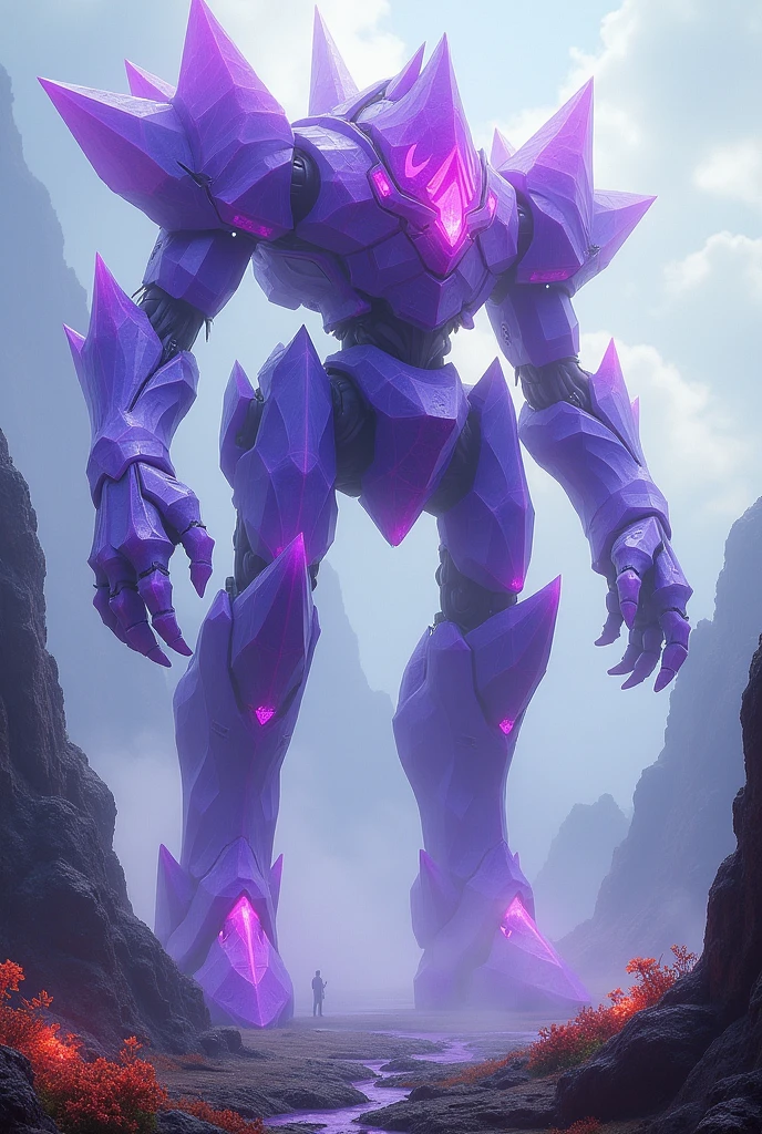 purple crystal-like jagged bodied large mech with straight jagged legs and is floating above ground
