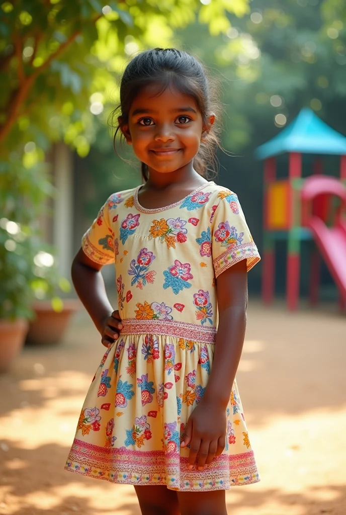 Sri lankan annty, on mini school frock. face stright, slight smile, one hand on hip other on knee, fair.