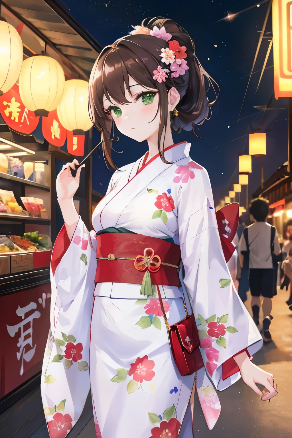 ((masterpiece, Highest quality, High resolution, 超High resolution, Pixel perfect, Written boundary depth, 4K, RTTX 10.0, High resolution))), 1 person, single, alone, Beautiful Anime, Beautiful art style, Anime characters, ((Shortcuts, bangs, Dark brown hair)), ((Green Eyes:1.4, Round eyes, Beautiful eyelashes, current eyes)), ((Smooth texture:0.75, Anime CG style)), ((Dynamic Angle, close)), Perfect body, (cute), Normal chest, whole body, ((4K, 8k, Highest quality, Perfect Fingers: 1.3, Perfect Anatomy: 1.3, Background Blur)), whole bodyアングル, Illustration of people wearing yukata enjoying the summer festival, The character is wearing a gorgeous floral yukata., Hair is tied up, Cool-looking hairpins are on display, She has a candy apple in her hand, They are happily touring the food stalls., In the background, fireworks sparkle in the night sky and street stalls are lined up with lanterns., The lively and energetic scenery of the summer festival unfolds., Overall enjoyable, Seasonal atmosphere