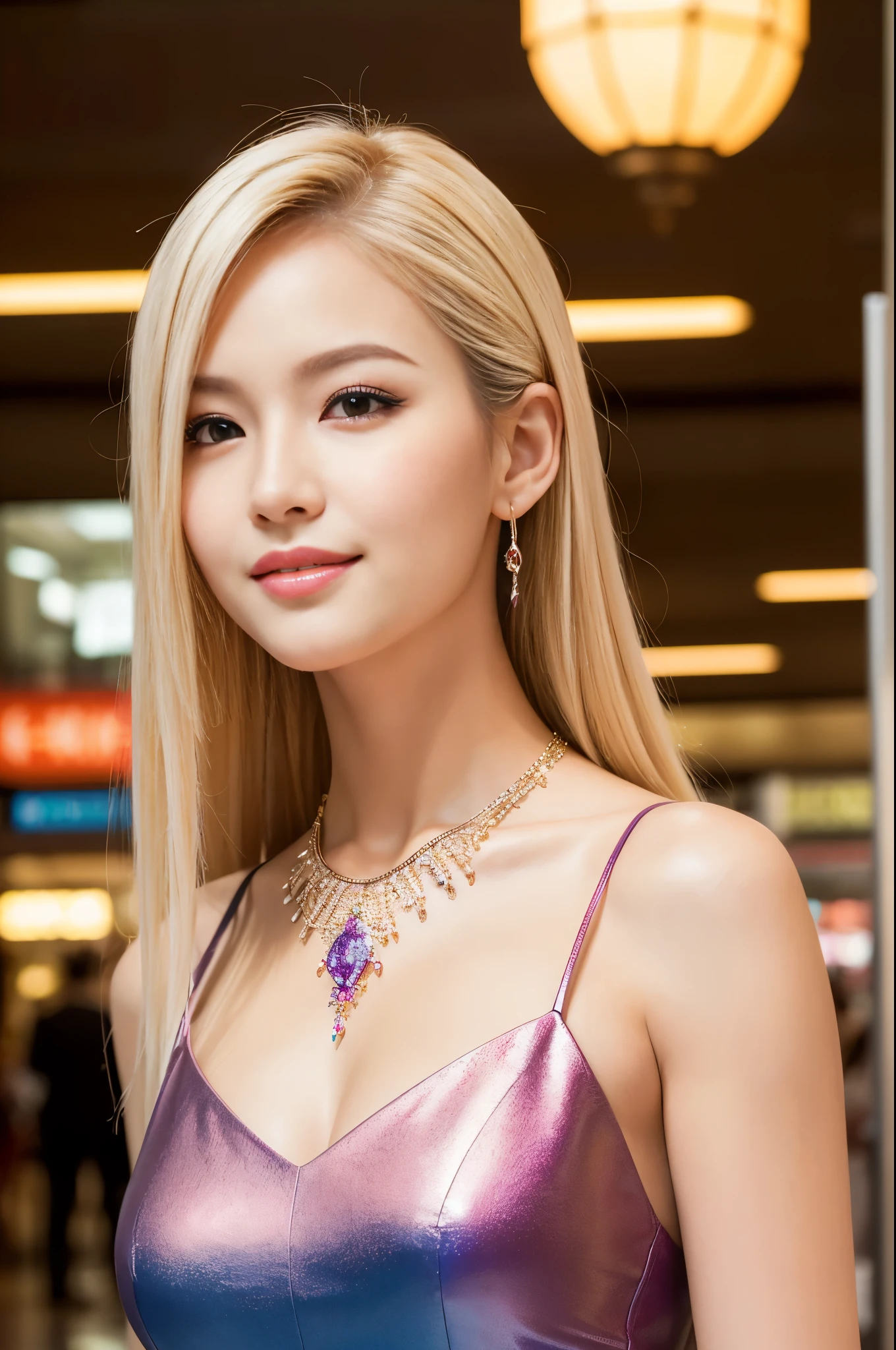 (masterpiece:1.4), (best quality:1.4), ultra high res, ultra high resolution, ((detailed facial features)), HDR, (realistic, photorealistic, photo-realistic:1.37), closeup, sexy seductive Thai woman, (seductive smile), long lashes, beautiful makeup, platinum blonde hair, fair skin, slender figure, elegant posture, wearing large sparkling colorful jewelery, wearing a business style leather dress, standing in a large shopping mall, gentle sunlight shining through the shopping mall windows, casting a soft glow on her face, adding warmth to the scene, vibrant colors, capturing the essence of vibrant city life, portrait style, showcasing her natural beauty and grace in a feminine way