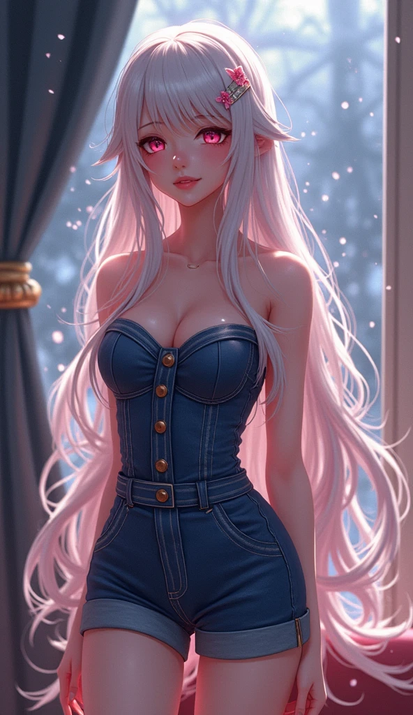photorealistic,Realistic illustration in Modelshoot style,((masterpiece)),((The best quality)),((Ultra Quality)),((ultra detailed)),((1girl long white hair)),((Only)),((waifu:1.5)),Perfect anatomy,perfect hands,beautiful cuerpo,beautiful_method,ulzzang-6500-v1,e-chica,((Exceptionally Beauty Waifu Princess Tifa Lockhart)),blonde wavy hair, gradient hair, pink highlights in hair, big breasts, standing, makeup, glossy lips, full lips, (natural lighting), in room, night, cute denim short jumpsuit, shy smile, belly, collarbone, in love, cute gesture,((bright-pink_eyes)),long wavy hair, ((white hair)),hair clips,eyeliner,cute makeup,lipstick,Glossy lipstick,with a look of terror, worry and sadness,((eyes detallados perfectos)),rainy with fog outside,evening,pink theme,bioluminiscencia,light particles,((Extremely CG Unity 8K Wallpaper)),((cinematic lighting,Best quality lights)),intricate details,Suave,sharp focus,Extremely beautiful and aesthetic,Octane rendering,Full length portrait,damp skin,((Perfect detailed body)),