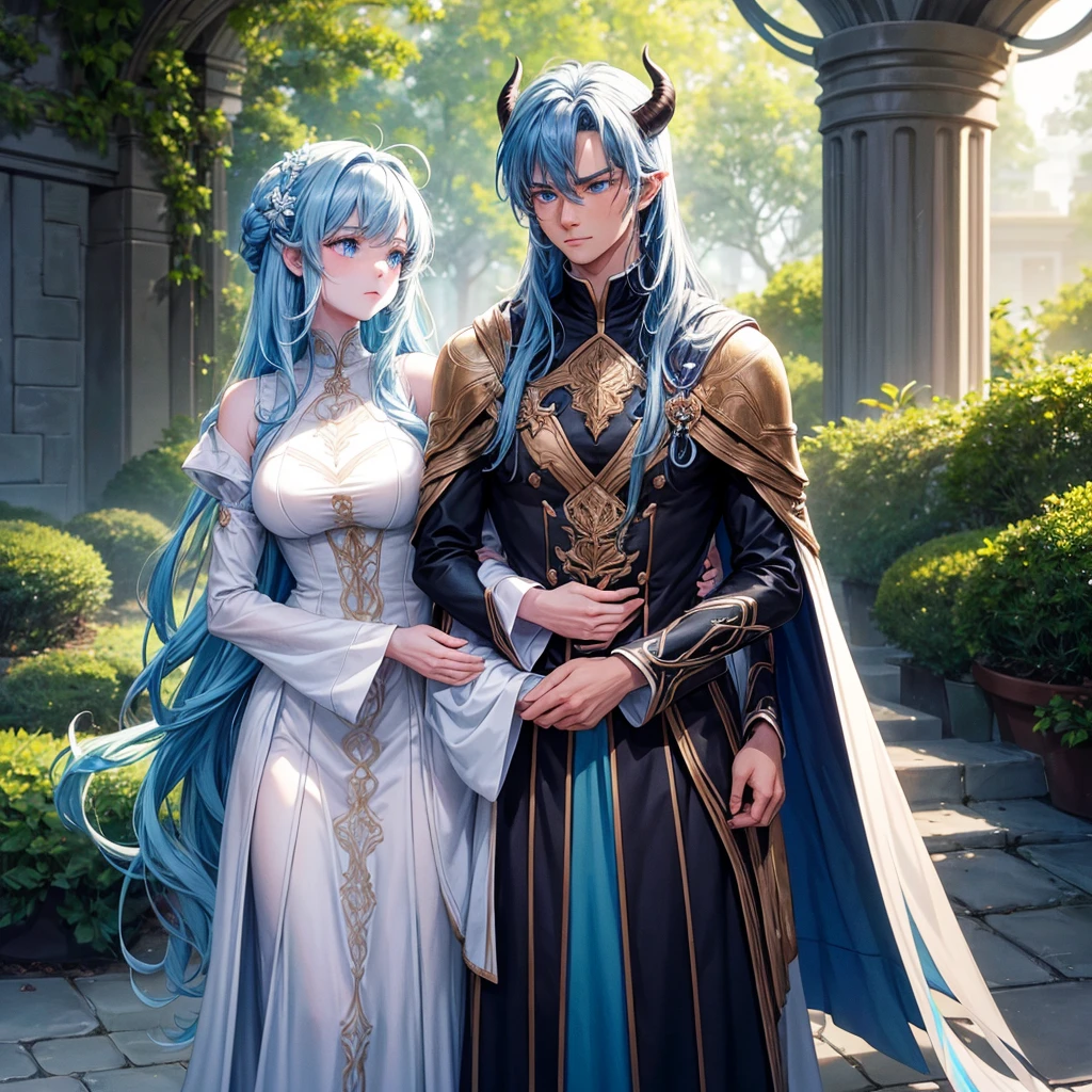 Create an image of Kaelan and Isobel in a tender, intimate moment. Kaelan is a tall, muscular alien with light blue skin, long dark blue hair, and glowing blue eyes. He has large, curved horns and a commanding presence. Isobel is a human woman with long, wavy chestnut hair, wearing a simple yet elegant outfit that blends with the natural surroundings of Astraelis. The two are standing close, with Kaelan protectively placing his arm around Isobel’s shoulders, while she looks up at him with deep a
