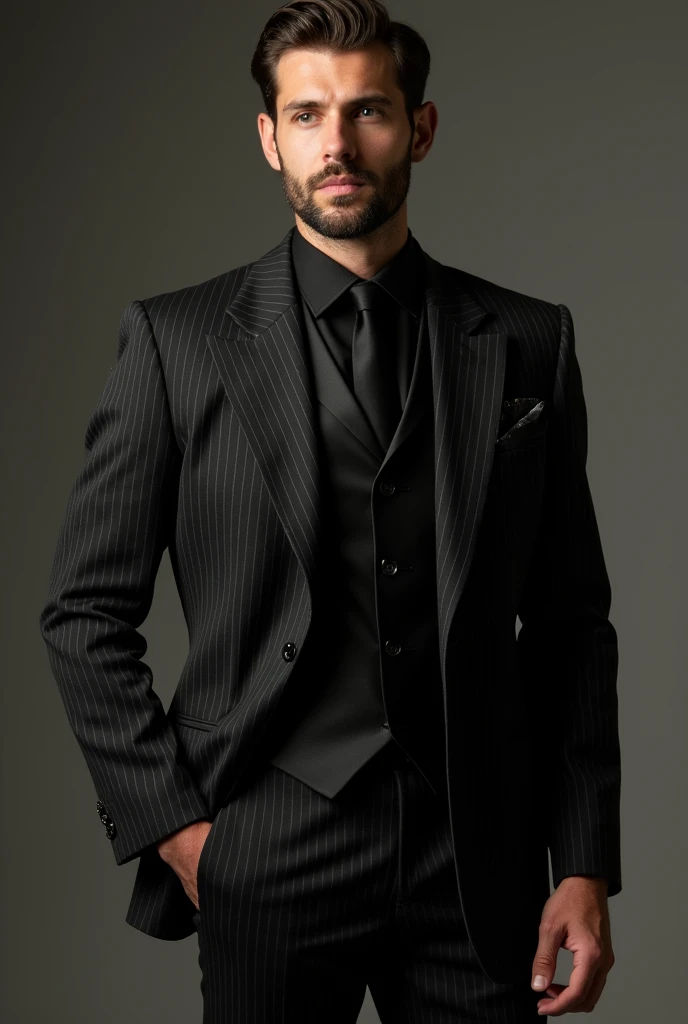 Black pinstripe suit。Under the jacket、A black vest peeks out as well.。The shirt is also jet black.、the tie is also black,、gives the overall look a chic and sophisticated impression.。The subtle contrast of colors、creating a beautiful harmony.。