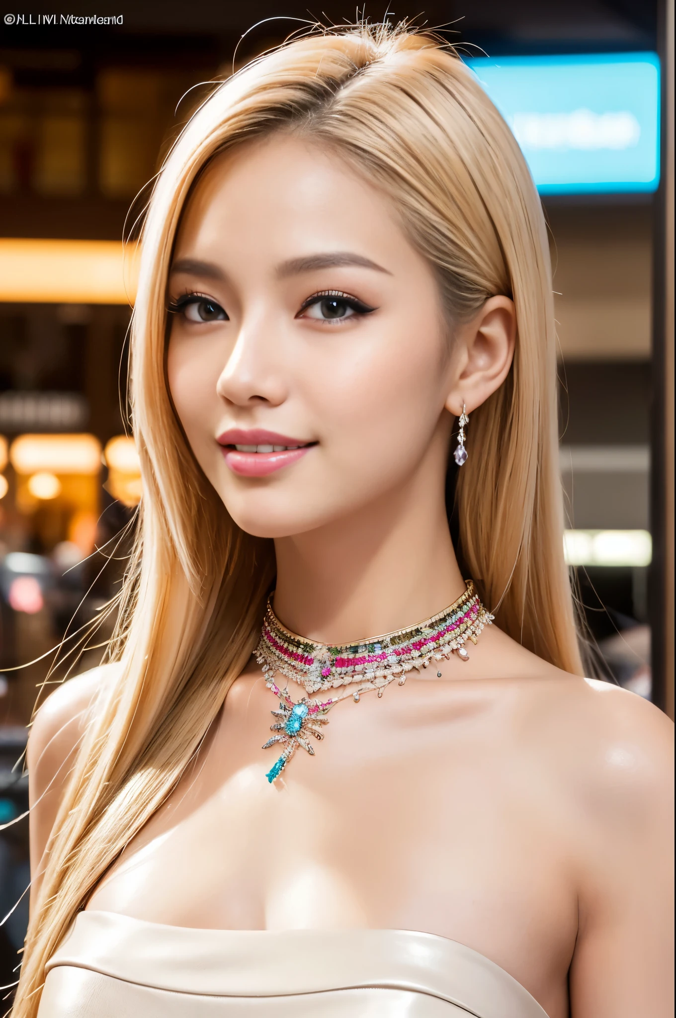 (masterpiece:1.4), (best quality:1.4), ultra high res, ultra high resolution, ((detailed facial features)), HDR, (realistic, photorealistic, photo-realistic:1.37), closeup, sexy seductive Thai woman, (seductive smile), long lashes, beautiful makeup, platinum blonde hair, fair skin, slender figure, elegant posture, wearing large sparkling colorful jewelery, wearing a business style leather dress, standing in a large shopping mall, gentle sunlight shining through the shopping mall windows, casting a soft glow on her face, adding warmth to the scene, vibrant colors, capturing the essence of vibrant city life, portrait style, showcasing her natural beauty and grace in a feminine way