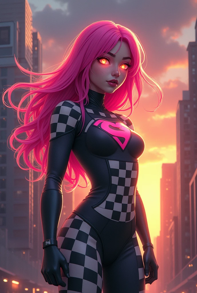 Girl superhero with pink hair and bright eyes, chess patterns costume