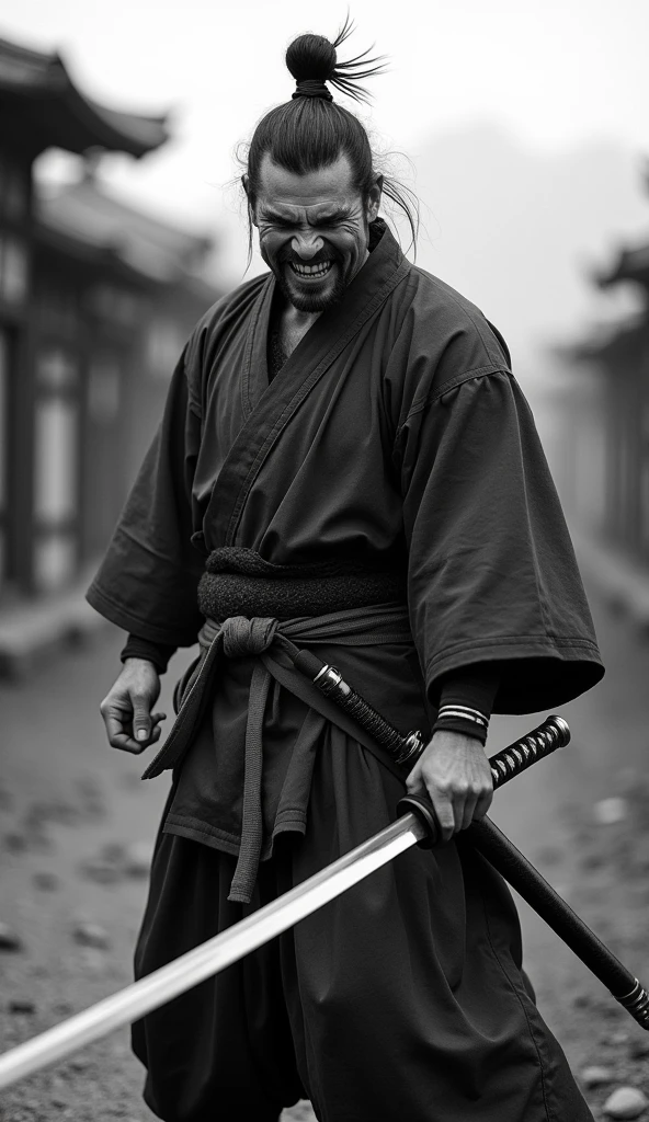 professional Black and white photography, samurai movie poster, A man swinging down a sword, strike pose, blade down, anatomically correct sword grip, a samurai, Miyamoto Musashi, samurai man vagabond, Ronin, Kimono and Hakama, Japanese warrior, A murderous expression with clenched teeth, Yojimbo, Akira Kurosawa, background is Deserted Village, bokeh effect, depth of field, hyper Realistic, Professional photography, Cinema Lighting