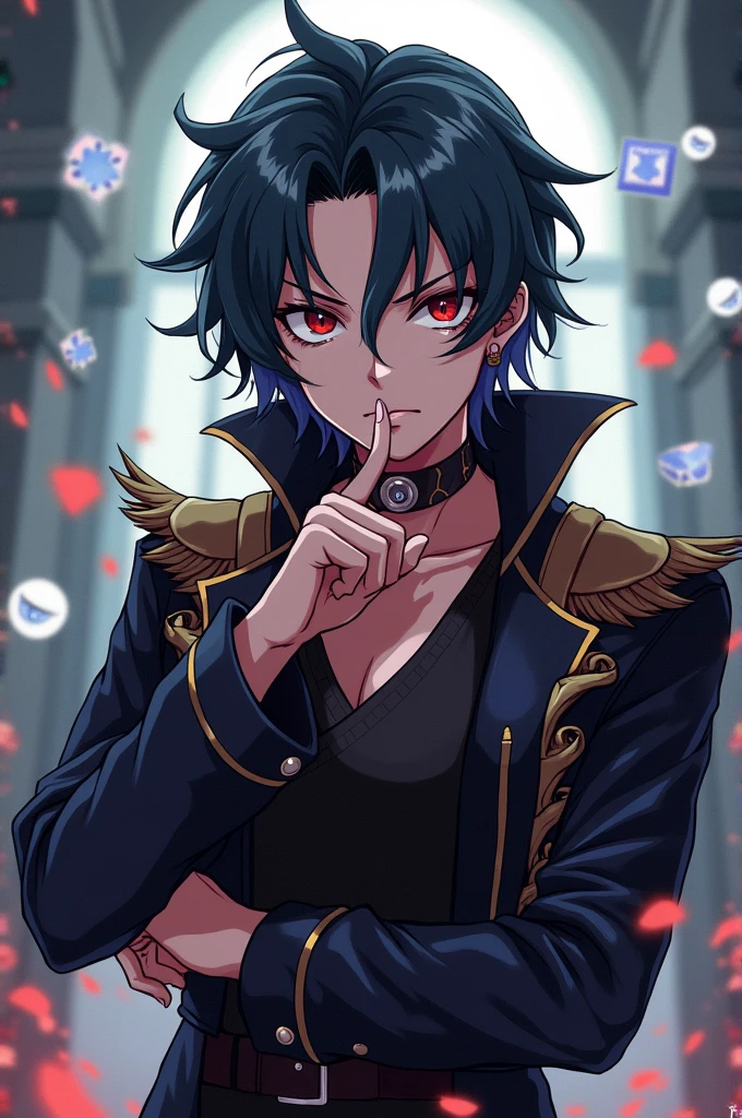 "Ek anime style image jisme ek badass pose mein character hai jo ek strong aura create kar raha hai. Character ka pose aisa ho ki wo apni ungli apne honth par rakhe hue ho, aur wo CapCut aur Alight Motion applications ko chup hone ke liye keh raha ho. CapCut aur Alight Motion ke faces ko square ya circle shape mein dikhaya jaye, taki un par app ka logo asaani se add kiya ja sake. Background mein ek dramatic aur intense theme ho, aur character ke outfit aur accessories ko bhi detail mein dikhaya jaye."