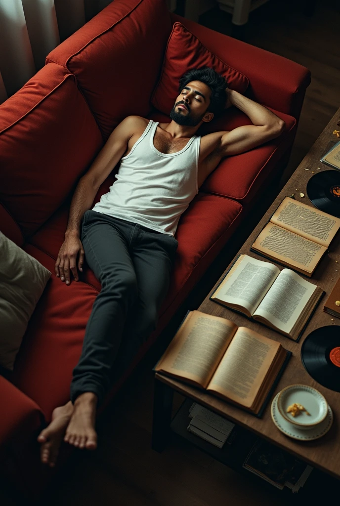 A young Indian man with beard lies sprawled on a worn-out red sofa in a dimly lit room. His right arm is stretched over a cluttered coffee table filled with remnants of a late-night session—books, vinyl records, empty plates, and scattered notes. The scene is chaotic yet intimate, capturing a moment of exhaustion and introspection. The dim light filters through the room, casting soft shadows that blend with the mess, creating a feeling of solitude. The man, dressed in a simple white tank top and dark pants, appears lost in a deep sleep or perhaps deep in thought, disconnected from the world around him. The overhead view gives a sense of distance, as if observing from above, adding to the overall mood of quiet contemplation." Written in background lazy boy 

