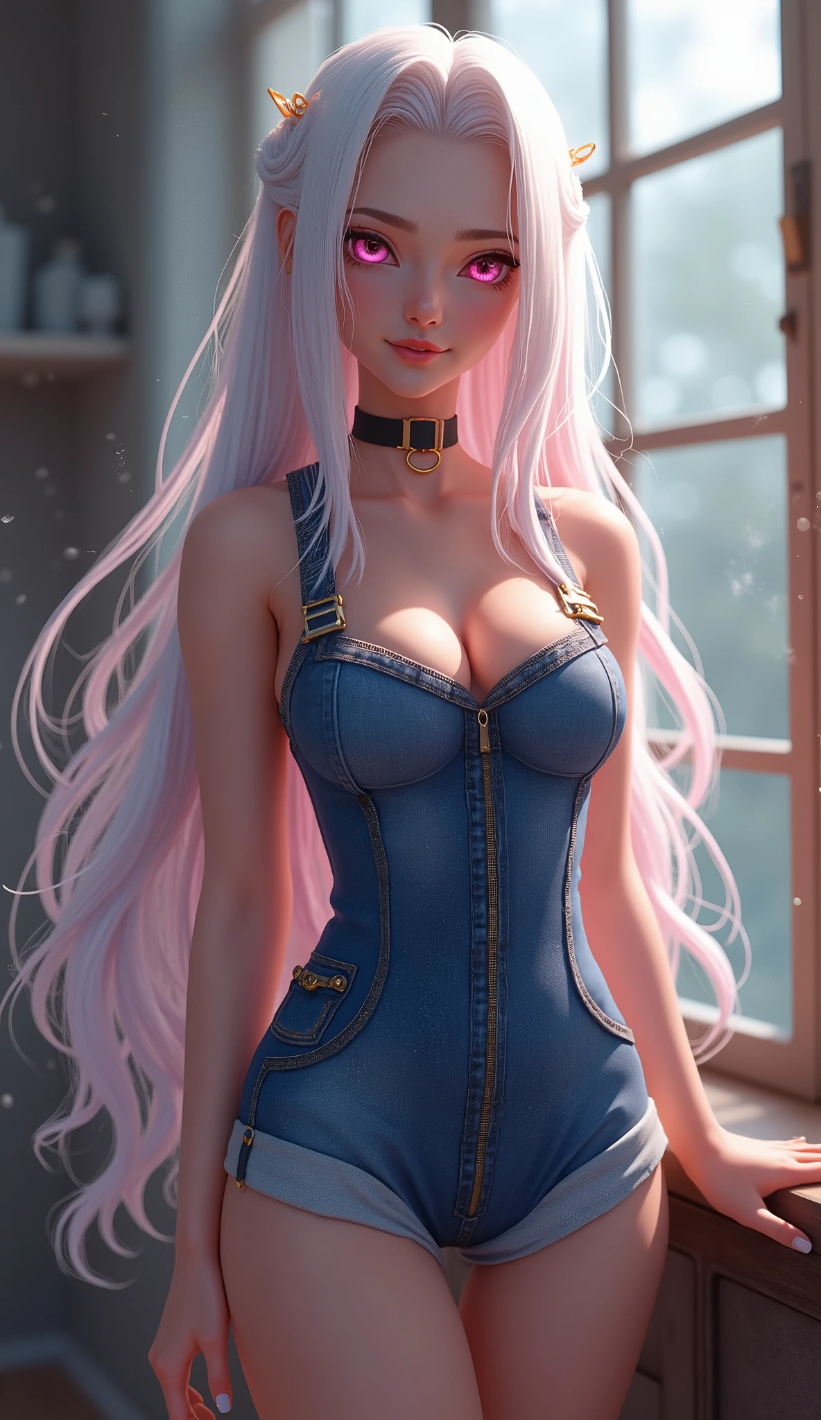 photorealistic,Realistic illustration in Modelshoot style,((masterpiece)),((The best quality)),((Ultra Quality)),((ultra detailed)),((1girl long white hair)),((Only)),((waifu:1.5)),Perfect anatomy,perfect hands,beautiful cuerpo,beautiful_method,ulzzang-6500-v1,e-chica,((Exceptionally Beauty Waifu Princess Tifa Lockhart)),blonde wavy hair, gradient hair, pink highlights in hair, big breasts, standing, makeup, glossy lips, full lips, (natural lighting), in room, night, cute denim short jumpsuit, shy smile, belly, collarbone, in love, cute gesture,((bright-pink_eyes)),long wavy hair, ((white hair)),hair clips,eyeliner,cute makeup,lipstick,Glossy lipstick,with a look of terror, worry and sadness,((eyes detallados perfectos)),rainy with fog outside,evening,pink theme,bioluminiscencia,light particles,((Extremely CG Unity 8K Wallpaper)),((cinematic lighting,Best quality lights)),intricate details,Suave,sharp focus,Extremely beautiful and aesthetic,Octane rendering,Full length portrait,damp skin,((Perfect detailed body)),